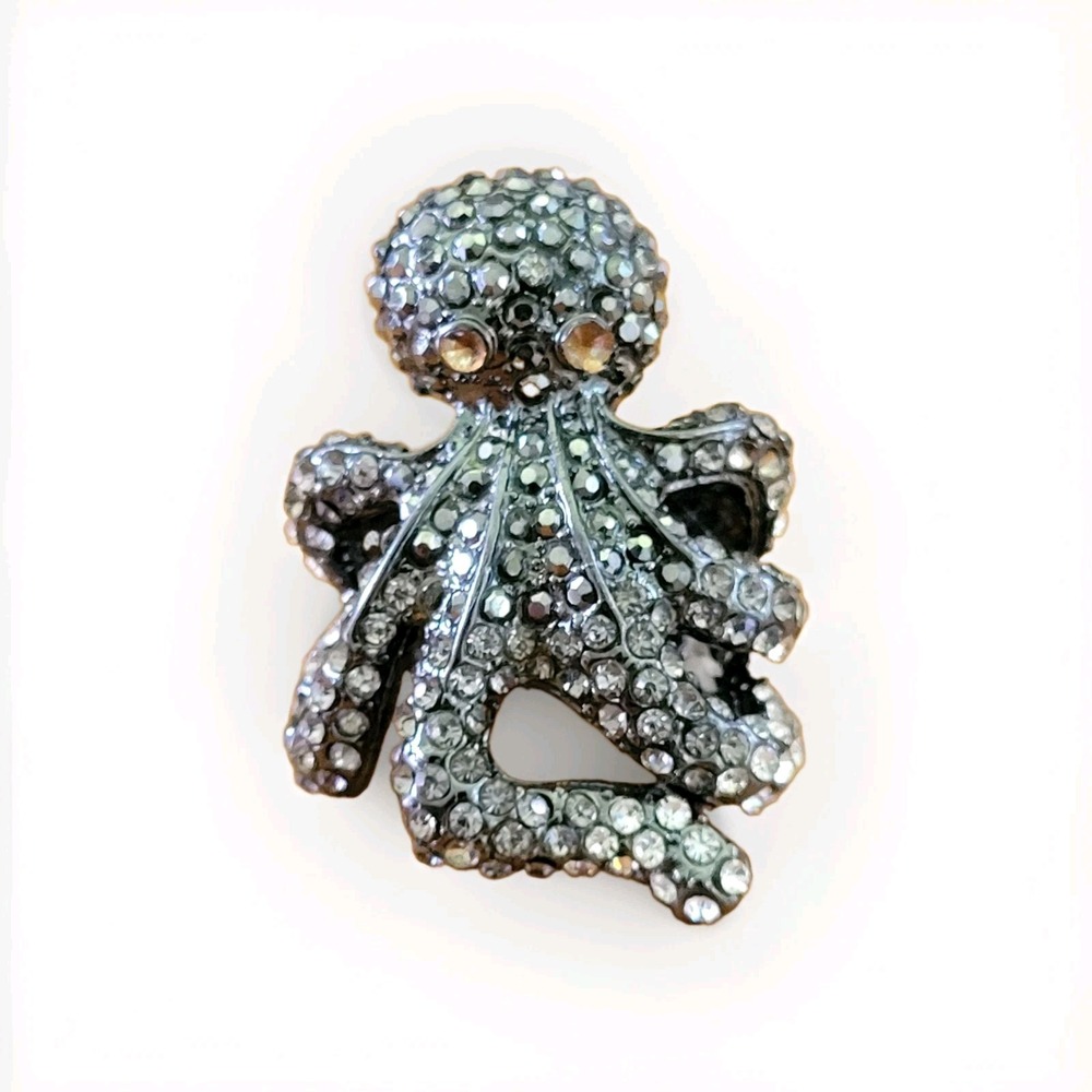 Vintage Gunmetal Rhinestone Octopus Cocktail Ring Stretch Band Statement